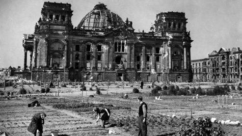 1946: kriegszerstörtes Reichstagsgebäudes; im Vordergrund Kleingartenkolonie auf dem abgeholzten Tiergartengelände.