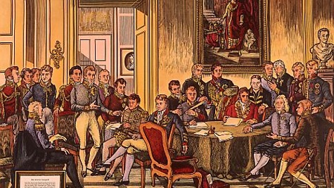 Holzstich, um 1880: Sitzung der Bevollmächtigten der acht an dem Pariser Frieden beteiligten Mächte