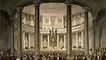 Das erste deutsche Parlament in der Paulskirche: Das Gemälde "Germania" von Philipp Veit hing über dem Sitz des Parlamentspräsidenten. Die Galerie der Kirche war für Besucher geöffnet, die mit großem Interesse die Verhandlungen verfolgten.