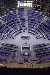 The plenary chamber of the German Bundestag from above: the seats are arranged by parliamentary group