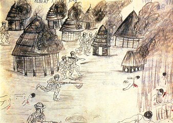gemaltes Bild, das tote Dorfbewohner zeigt, und Soldaten, die schießend durch ein brennendes Dorf laufen