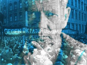 Grafik: Fotografie von Kurt Schumacher und Fotografie der Demonstration vor dem Berliner Schloss