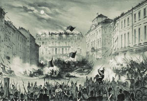 Zeichnung einer Barrikade während der März-Revolution 1848 in Berlin.