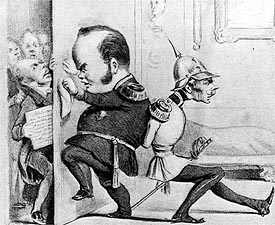 Hamburger Karikatur 1848: Friedrich Wilhelm IV. und ein preußischer Soldat drücken eine Tür zu, die von der Bevölkerung aufgestoßen wird.