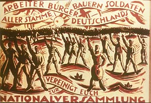 Wahlplakat 1918: Arbeiter, Bürger, Bauern, Soldaten aller Stämme Deutschlands, vereinigt Euch zur Nationalversammlung