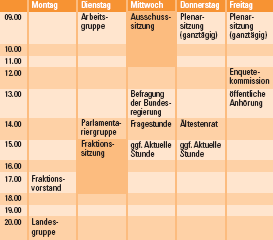 Die Grafik zeigt eine Wochenübersicht mit Terminen zw. 09.00 und 20.00 Uhr