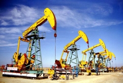 Mehrere Ölförderpumpen stehen in einer Reihe.