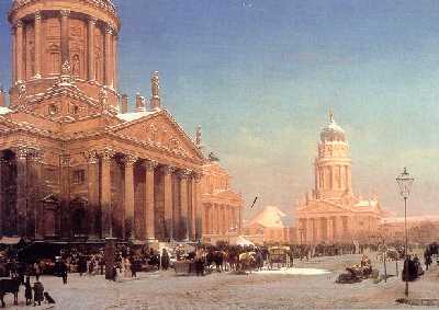 Marktszene auf dem Gendarmenmarkt (links der Deutsche Dom). Gemälde von Eduard Gärtner, 1857