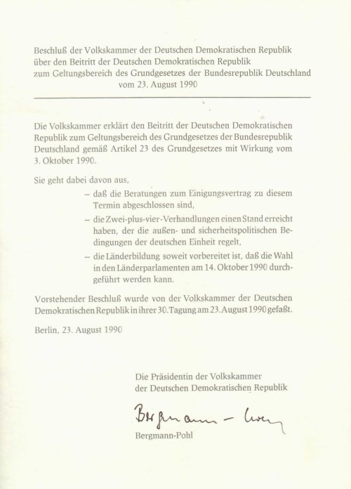 Dokument - DDR tritt der Bundesrepublik bei