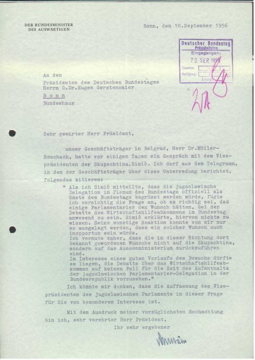 Dokument - Wirtschaftshilfeabkommen mit Jugoslawien 1956