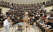 Bild: Voller Vorlesungssaal. Das menschliche Skelett wird erklärt