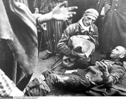 Häftlinge nach der Befreiung des KZ Wöbbelin, eines Außenlagers des KZ Neuengamme.