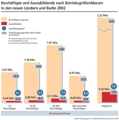  Die Grafik zeigt das Verhältnis von Beschäftigten und Auszubildenden nach Betriebsgrößen in den neuen Bundesländern 2002