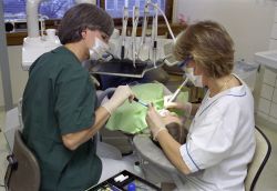 Zahnärztin bei einer Zahnbehandlung