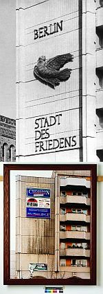 obere Fotografie zeigt einen DDR-Plattenbau mit einer Friedenstaube, untere Fotografie zeigt den Plattenbau 1996 mit Werbung