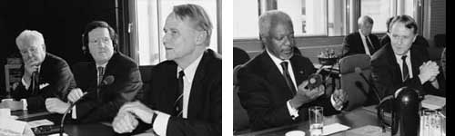 George Robertson (linkes Bild) zwischen Helmut Wieczorek (SPD, links), und Hans-Ulrich Klose (SPD, rechts) - Kofi Annan (rechtes Bild)