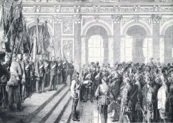 Holzstich nach einer Zeichnung von Anton Werner, 1878: König Wilhelm I. von Preussen wird im Spiegelsaal des Schlosses von Versailles zum Deutschen Kaiser ausgerufen