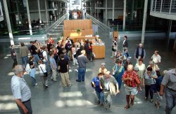 Photography: View from the entrance of the Paul-Löbe Building, a visitors group, behind them an information terminal