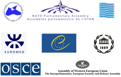 Collage: Logos der interparlamentarischen Organisationen, in denen der Deutsche Bundestag vertreten ist