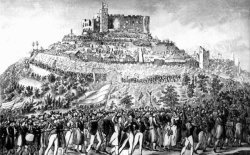 Holzstich: Zug der Demonstranten am 27.05.1832 zum Hambacher Schloß