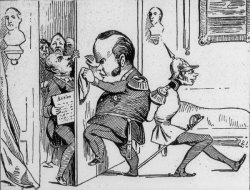 Karikatur auf Friedrich Wilhelm IV. und seine Haltung während der Revolution, 1848: 'Zwischen mich und mein Volk soll sich kein Stück Papier drängen.'