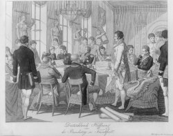 Radierung, 1816: Tagung des Bundestages in Frankfurt/M. Bundesversammlung der bevollmächtigten Gesandten aller Bundesstaaten, Klick vergrößert Bild