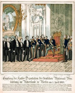 Holzstich, koloriert, Neuruppiner Bilderbogen: Kaiserdeputation trägt Krone an, Klick vergrößert Bild