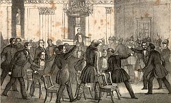 Die Aufhebung der preußischen konstituierenden Nationalversammlung im Mielentz'schen Saale in Berlin am 14. November 1848, Klick vergrößert Bild