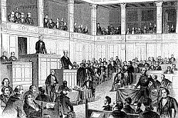 Sitzung der ersten Kammer des preußischen Landtags im April 1849, Zeitgenössischer Holzstich, Klick vergrößert Bild