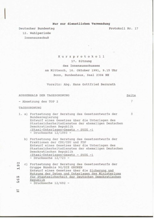 Dokument - Beratung des 'Stasi-Unterlagen-Gesetzes (StUG)' im Innenausschuss