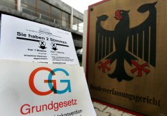 Foto: Stimmzettel, Grundgesetz, Schild und Gebäude des Bundesverfassungsgericht