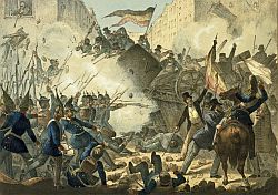 Révolution de 1848/49. Combats de rue à Berlin les 18 et 19 mars 1848 ? « Barricades érigées par les citoyens berlinois luttant glorieusement contre la troupe le 19 mars 1848. » Lithographie à la craie