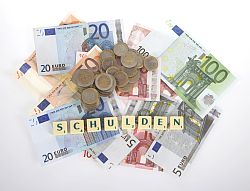 Geld mit Wort Schulden, Klick vergrößert Bild