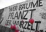 Eine Mauer mit einer Aufschrift: Wer Bäume pflanzt, der wurzelt.