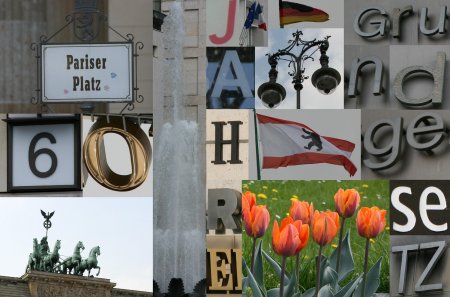 Kollage: einzelne Bilder und Buchstaben ergeben "60 Jahre Grundgesetz"