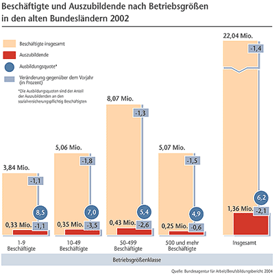 Die Grafik zeigt das Verhältnis von Beschäftigten und Auszubildenden nach Betriebsgrößen in den alten Bundesländern 2002