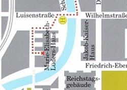Grafik: Wegbeschreibung vom Bahnhof Friedrichstrasse in Berlin zum Marie-Elisabeth-Lüders-Haus, Sitz des Parlamentsarchivs