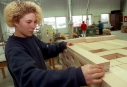Foto: Junge Frau, die in einem Sägewerk arbeitet, sortiert Holzbohlen, Klick vergrößert Bild