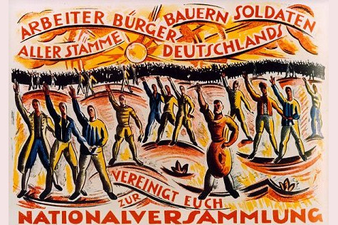 "Arbeiter, Buerger, Bauern, Soldaten aller Stämme Deutschlands vereinigt Euch zur Nationalversammlung", Plakat mit Wahlaufruf. Graphische Gestaltung: Cesar Klein (1876-1954)