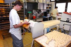 Ein Bäckerlehrling formt Brötchen mit Hilfe einer Maschine in einer Backstube.