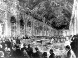 Die Unterzeichnung des Friedensvertrages im Schloße von Versailles: Eröffnung der Sitzung durch den französischen Ministerpräsidenten Georges Benjamin Clemenceau (Zeichnung von George Scott).