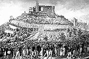 Contemporary engraving showing demonstrators heading in procession to Hambach Castle