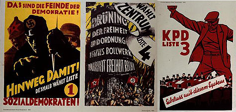 Tableau sur le mur d'une école de la République de Weimar : affiches électorales 1930-32. (SPD, Centre, KPD, NSDAP). Impression couleur