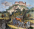 Aufstieg zur Wartburg am 18. Oktober 1817: Die Initiative zum Wartburgfest, auf dem sich Studenten von elf Universitten trafen, ging von der Jenaer Burschenschaft aus. Viele ihrer Mitglieder hatten in den Befreiungskriegen gekmpft. Holzstich