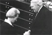 Altersprsident Ludwig Erhard von der CDU gratuliert der neuen Bundestagprsidentin Annemarie Renger nach ihrer Wahl am 13.12.1972 im Deutschen Bundestag in Bonn. Die SPD-Abgeordnete war mit 438 von 513 gltigen Stimmen gewhlt worden.