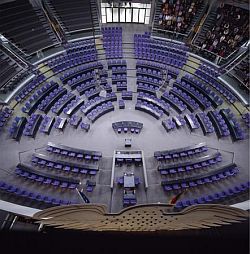 The plenary chamber of the German Bundestag from above: the seats are arranged by parliamentary group