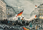 Bild: Die historische Abbildung zeigt Kampfgetümmel und schwarz-rot-goldene Fahnen