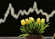 Bild: Ein Blumenstrauß unter der Verlaufskurve des DAX