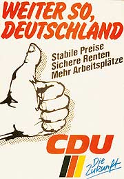Bild: Erhobener Daumen mit Text: Weiter so, Deutschland. Stabile Preise, Sichere Renten, Mehr Arbeitsplätze. CDU.