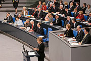 Bild: Kanzlerin Merkel am Rednerpult, dahinter ihr Kabinett auf der Regierungsbank.